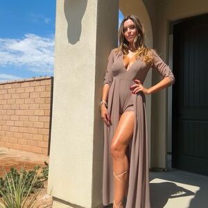 Elegant Brown Plunge Romper Dress